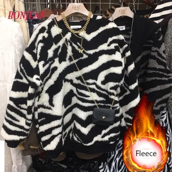 V Zime Teplé Fleece Zebra Pulóvre Kórejský Štýl Harajuku Ženy Ovčej Vlny Voľné Zrastov Jumper Nadrozmerná Hrubý Kabát