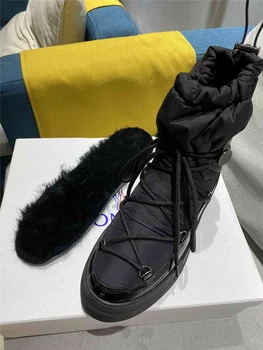 V zime Teplé Topánky Pre Ženy Móda Zmiešané Farby Kožušiny Čipky Moon Boots Dráhy Platformu Nízke Podpätky nepremokavé Krátke Topánky, Ženy 41