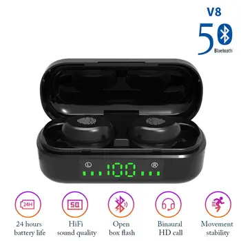 V8 TWS Bluetooth Slúchadlo 5.0 Slúchadlá Bezdrôtové Slúchadlá TWS Headset Športové Slúchadlá LED štupľov Telefóny Uší Slúchadlá