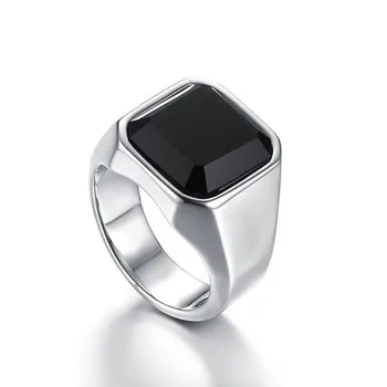 Vantage Black Onyx Signet Ring Mens Stainles Steel Klasický Obyčajný Námestie Manželia Muž Anel