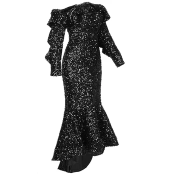 VC dámske Šaty Sexy Slim Black Flitrami Rozstrapatené bez Ramienok Fishtail Dlhé Šaty Módneho Návrhára Dizajn Strany Večera Šaty