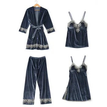 Velvet Pyžamá pre Ženy Zimné Sleepwear Set 4 Kusov Teplé Sexy Čipka Šatka Nightdress oblečenie pre voľný čas Plus Veľkosť Oblečenie Oneies Veľkoobchod