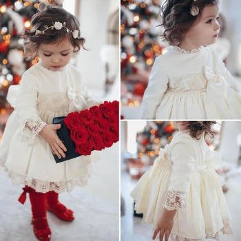 Velvet Vianočné Čipky Šaty Dievčatá v Zime Biele Deti na Dievča Oblečenie s Dlhým Rukávom mini Xmas Party Princezná Šaty pre 1-5 Rokov D20