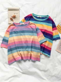 Veselé Celkom kórejský Módne Rainbow Pruhované Tričko Ženy Krátkym Rukávom Letné tričko okolo Krku Sladkých Plodín Topy Čaj Pre Dievčatá