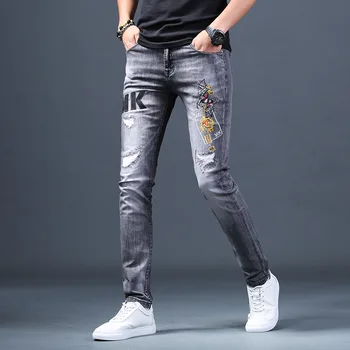 Veľkoobchod 2020 dospievajúcich Mužov značky otvor-vyšívané jeans pánske letné tenké slim nohy rovné údená šedá bežné dlhé nohavice