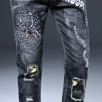 Veľkoobchod 2020 Módne Spider-vyšívané Skinny jeans pánske slim úsek otvor patch list vytlačený žobrák Denim ceruzkou nohavice