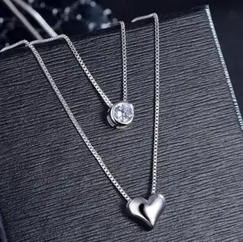 Veľkoobchod Šperky 925 Sterling Silver Dvojité Vrstvy kľúčnu kosť Náhrdelník Reťazca Cz Láska-srdce Náhrdelník Prívesok Pre Ženy S-n157