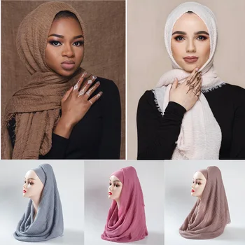 Veľkoobchod Ženy Moslimských Crinkle Hidžáb Šatku Femme Musulman Mäkké Bavlnené Šatky Islamskej Farbou Hidžáb Šály a Zábaly