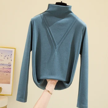 Veľkosť dámske Oblečenie 2020 Jeseň Zima kórejský Štýl Turtleneck Fleece Hrubé Teplé Basic tričká Dlhý Rukáv Topy Tees