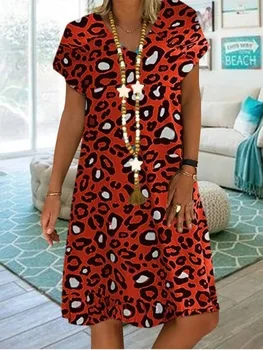 Veľká veľkosť šaty žien letné šaty Voľné krátky rukáv Leopard tlačené šaty plus veľkosti ženy oblečenie šaty