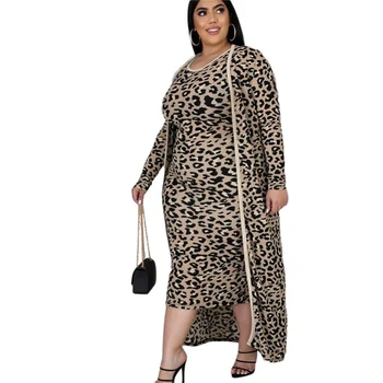 Veľké Veľkosti 4XL 2 Dielna Sada Jeseň Zima Ženy Leopard Tlač Dve Kus Oblečenia Cardigan bunda, Kabát + Bežné Vesta Dlhé Šaty