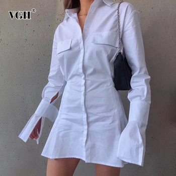 VGH Patchwork Skladaný Biele Šaty Žien Klope Dlhý Rukáv Vysoký Pás Mini Solid Šaty Ženskej Módy Nové Oblečenie 2020 Klesnúť