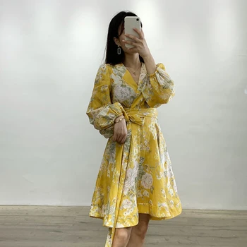 VGH Tlač Šaty Pre Ženy V Krku Svietidla Dlhý Rukáv Vysoký Pás Čipky Žltá Mini Šaty Žena 2020 Lete Nové Oblečenie Tide