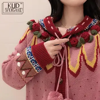 Vianoce S Kapucňou, Jahody, Ovocie Výšivky Kawaii Sladké Vytiahnuť Kórea Japonsko Lolita Študent Dievča Sveter Knitwear Vesty S Kapucňou