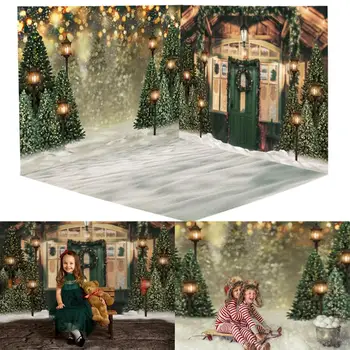 Vianočné Izby Zime Sneh Foto Pozadie Zelené Drevené Dvere Domu Fotografie Pozadie Deti Šťastné A Veselé Vianoce, Foto Pozadia