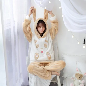Vianočné Pyžamo Ženy WAVMIT Zime Teplé Vlny Velvet Zahusťovanie Flanelové Sleepwear Set Roztomilé Kapucňou Plavky Pyžamá Ženy