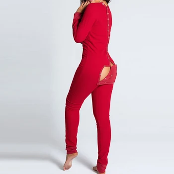 Vianočné Sexy Hlboké V-Neck Tlačidlo Tlačiť Jumpsuit Jeseň Duté Sa Roztomilý Hip Playsuit Pyžamo Ženy Dlhý Rukáv Romper Sleepwear