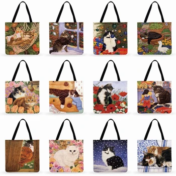 Vianočný Darček Fashion Shopping Bag Opakovane Dámy Tote Bag Denne Plážová Taška Komiksu, Maľby Cat Vytlačené Plážová Taška Bežné Tote