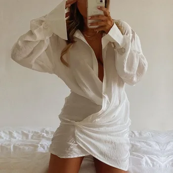 VIBESOOTD Bielizeň Sexy Prehodil Mini Tričko Šaty Jar 2021 Elegantné Šaty Zábal Ruched, Košele, Šaty Módne Oblečenie Nadrozmerné