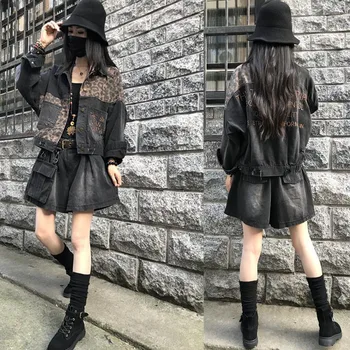 Vintage Black Leopard Ženy Denim Jacket Jar Harajuku Punk Jean Bundy Kabát Priateľ Voľné Vrecku Streetwear Módy