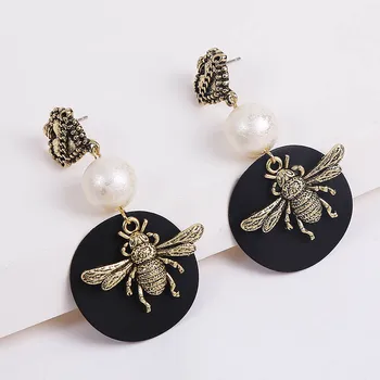 Vintage Bronzovej Farbe Srdca Hmyzu Bee Drop Náušnice Pre Ženy Móda Geometrické Čierny Okrúhly Visieť Náušnice Vyhlásenie Šperky