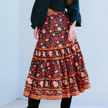 Vintage elegantné ženy Hippie pláži České kvetinový tlač sukne s Vysokým Pásom strapec Midi A-Line Boho Sukne Femme