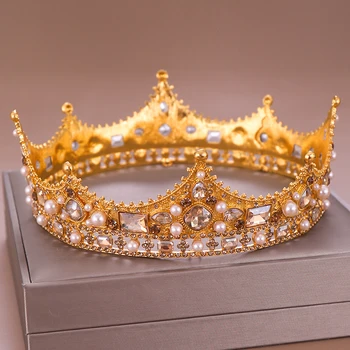 Vintage Gold Royal Crown Kolo Tiara Nevesta Hlavu Šperky Crystal Pearl Doplnky Do Vlasov, Svadobné Koruny Ozdoby Hlavový Most Diadem