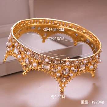 Vintage Gold Royal Crown Kolo Tiara Nevesta Hlavu Šperky Crystal Pearl Doplnky Do Vlasov, Svadobné Koruny Ozdoby Hlavový Most Diadem