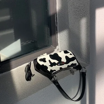 Vintage harajuku pu kožené bageta taška roztomilé sladké krava vzor mieste kabelka mini podpazušia taška axilárne puzdro