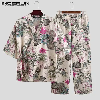 Vintage Kimono Odev Sady Mužov Lete Vytlačené Sleepwear Vyhovuje INCERUN Cardigan, Blúzky, Elastické Nohavice Mäkké Pyžamo Obleky S-5XL
