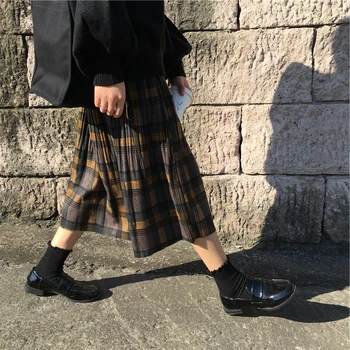 Vintage Koberčeky Skladaný Dlhé Sukne 2021 Ženy Zimné Punk Rock Kórejský Vlnené Sukne Streetwear Elastické Šnúrkou Pás Midi Sukne