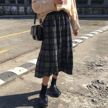 Vintage Koberčeky Skladaný Dlhé Sukne 2021 Ženy Zimné Punk Rock Kórejský Vlnené Sukne Streetwear Elastické Šnúrkou Pás Midi Sukne