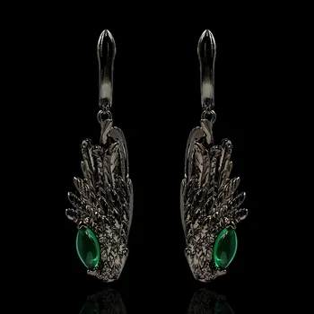 Vintage Krídla, Perie Tvar Drop Náušnice Vykladané Zelená AAAA Zirkón 925 Strieborné Šperky, Dámske Náušnice Temperament Ženské Šperky