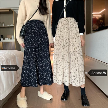 Vintage Kvetinový Tlač-line Skladaný Dlhé Sukne zimné Ženy kórejský Sukne Streetwear Elastické Šnúrkou Pás Midi Sukňa s podšívkou