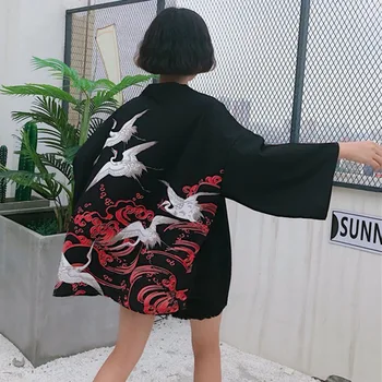 Vintage Lete Vytlačené Šifón Opaľovací Krém Harajuku Kimono Cardigan Vrchné Oblečenie, Blúzky, Japonský Štýl Ženy Oblečenie