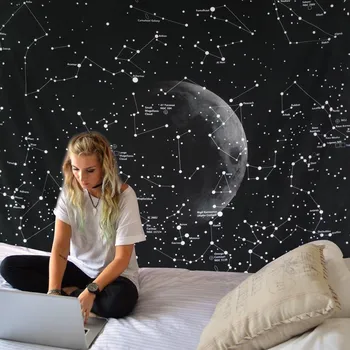 Vintage Mesiac Noc Hviezdy Neba Planéty Galaxy Domov Izba Stenu Decor Gobelín Visí Čelo Asfaltový Koberec 150 x 130 cm Čierna