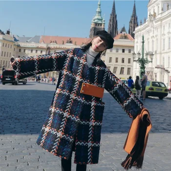 Vintage Tweed Dlho Vlnené Kabát Ženy Zahustiť Teplé Zimné Dlhá Bunda Žena Mreže tvaru Koberčeky Dlhý Vlnený Kabát Ženy