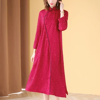 Vintage Šaty Plus Veľkosť Čínsky Štýl Pre Ženy 45-75kg Jeseň Stojan Golier Voľné Lepšiu Cheongsam Šaty Žena