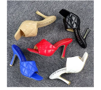 Vintage štvorcové prst papuče sandále ženy vysokom podpätku topánky