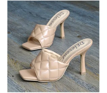 Vintage štvorcové prst papuče sandále ženy vysokom podpätku topánky