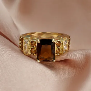 Vintage Žena Hnedé Crystal Krúžok Kúzlo Veľká Zlatá Farba Snubné Prstene Pre Ženy, Luxusné Štvorcový Zirkón Kameň Zásnubný Prsteň
