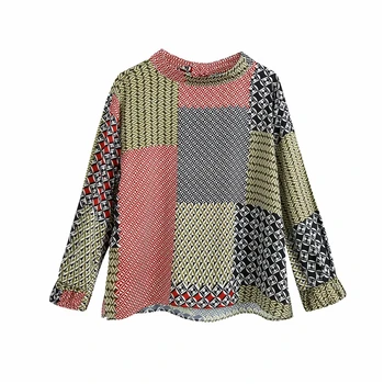 Vintage ženy patchwork tričko 2020 jesenné módne dámy keper tričko streetwear žena geometrických tlač šaty dievčatá elegantné blúzky,