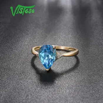 VISTOSO Pure14K 585 Žlté Zlato Krúžok Pre Ženy Iskrivý Diamant Priezračnou Blue Topaz Výročie Klasické Jemné Šperky