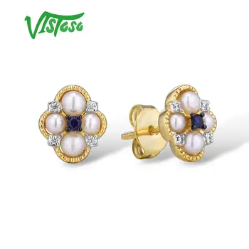 VISTOSO Zlaté Náušnice Pre Ženy Čistý 14K 585 Žlté Zlato Prírodné Blue Sapphire Čerstvej Vody Pearl Diamantové Zásnubné Jemné Šperky