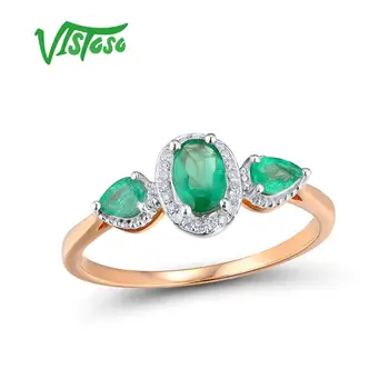 VISTOSO Zlaté Prstene Pre Ženy, Skutočné 14K 585 Rose Gold Ring Emerald Magic Šumivé Diamantové Zásnubné Výročie Jemné Šperky