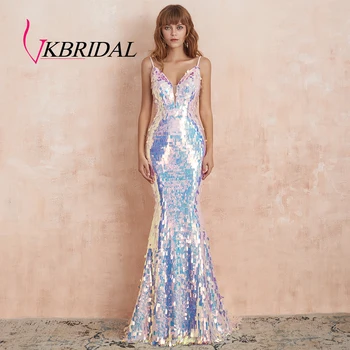 VKbridal Iskrivý Večerné Šaty 2019 Sexy Backless Ilúzie V Krku Ružový Sequin Dlho Prom Party Formálne Šaty