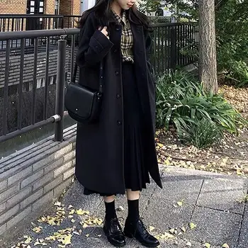 Vlna Spája Ženy Dlho Zahusťovanie Koleno Dĺžke Singel Svojim Dámske Elegantné Streetwear Harajuku Teplé Voľný Čas Moderný Kabát