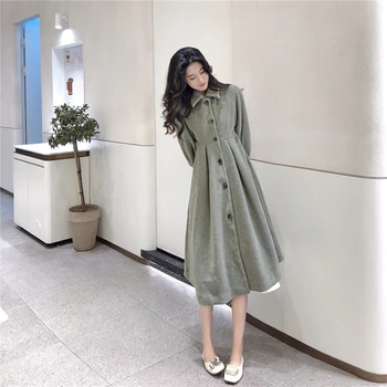 Vlnené kabát dámske jarné a zimné oblečenie nový kórejský štýl strednej dĺžky štíhly pás Hepburn štýl hrubé vlny priekopa