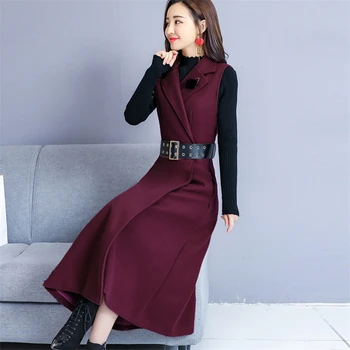 Vlnené Šaty Žien 2020 Jeseň Zima Nové Ženy Šaty kórejský Dlhé Hrubé podväzkové Šaty dvoch-dielny base Šaty M350