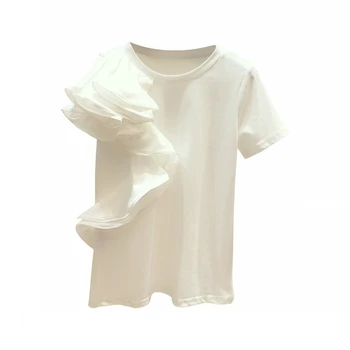 Volániky patchwork o-krku krátky rukáv t shirt ženy kórejský modis white tee tričko femme bežné elegantné tričko 2020 letné topy